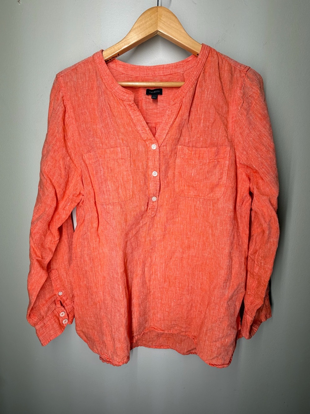Talbots 100% Linen Orange Popover Tunic Blouse Boho Lagenlook Minimalist Casual